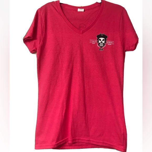 Nauti Spirits Cape May NJ Pink V-Neck T Shirt skull black mermaid - Picture 1 of 5